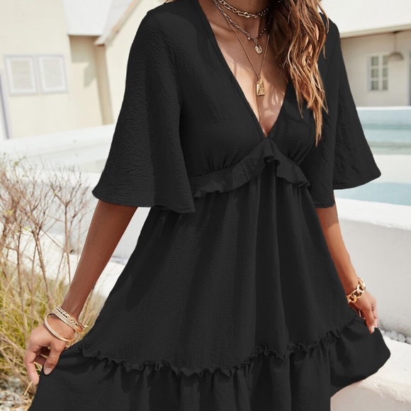 Boho White  V neck Ruffle Butterly Sleeve Dress - Picture 12 of 16